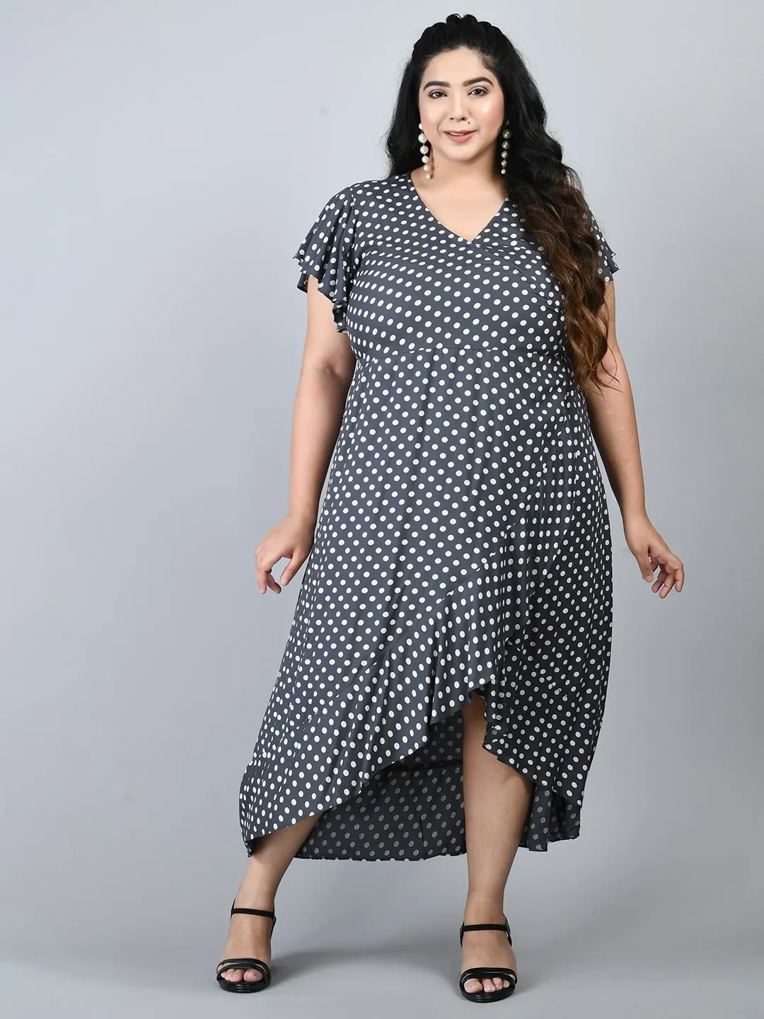 Plus Size Plus Size Grey Polka Dots Wrap Dress