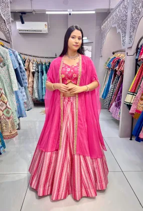 Pristine Pink Slub Silk Printed Jacket Lehenga Choli Set