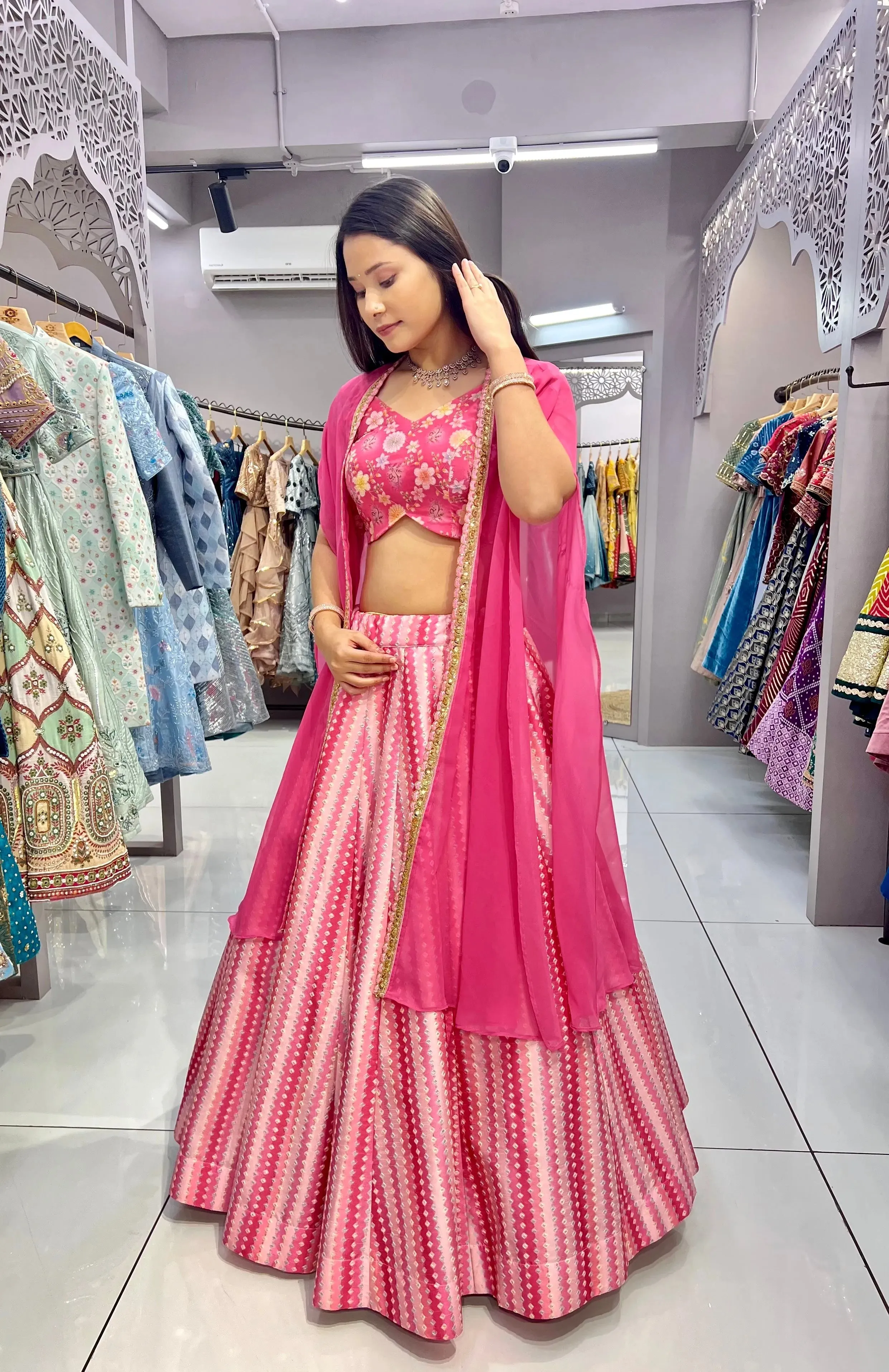 Pristine Pink Slub Silk Printed Jacket Lehenga Choli Set