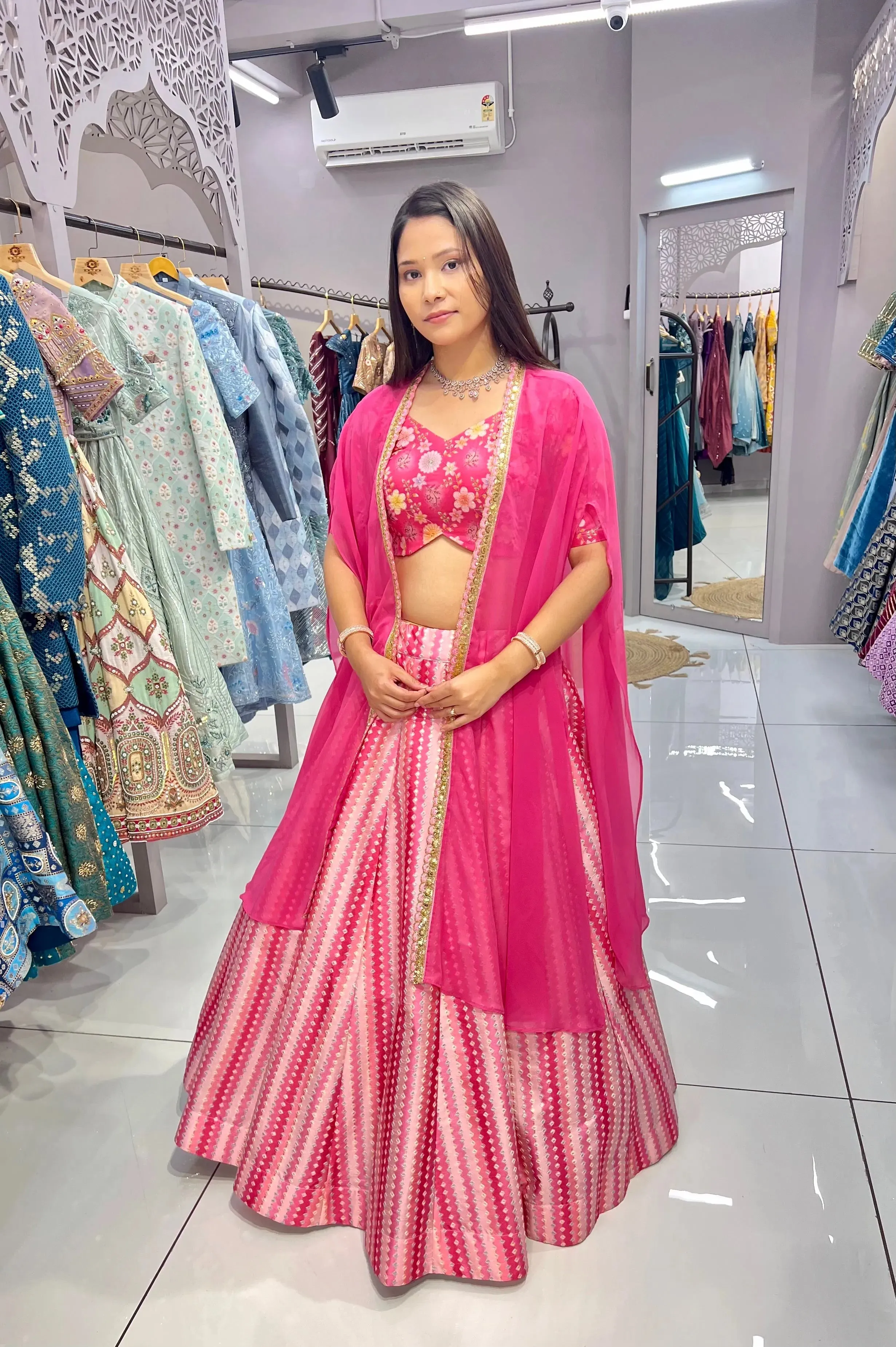 Pristine Pink Slub Silk Printed Jacket Lehenga Choli Set