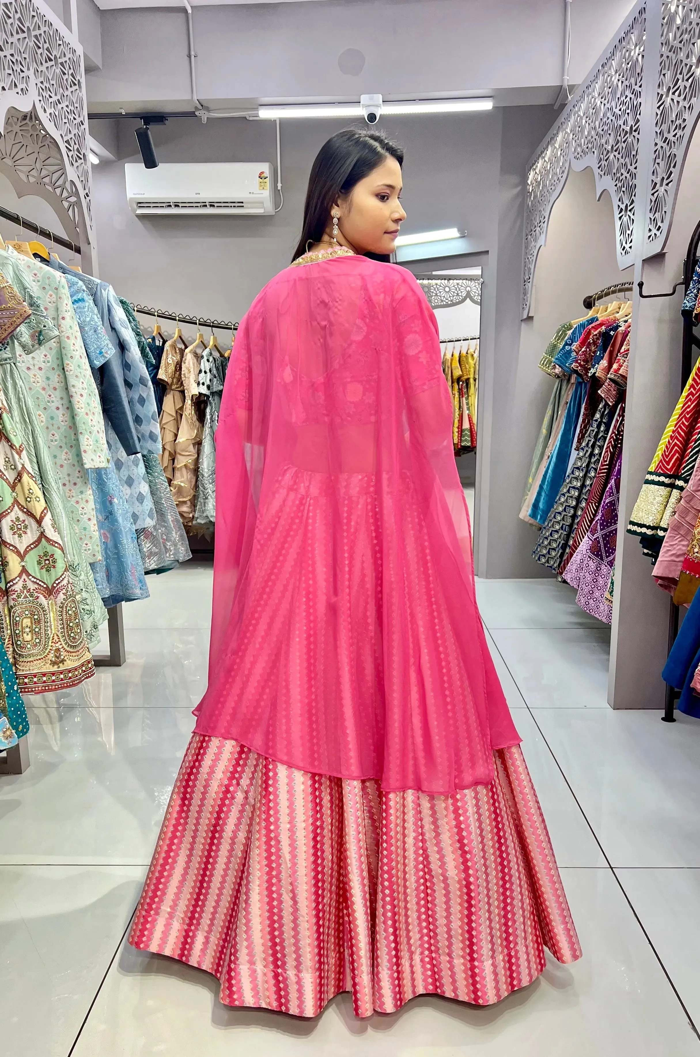 Pristine Pink Slub Silk Printed Jacket Lehenga Choli Set