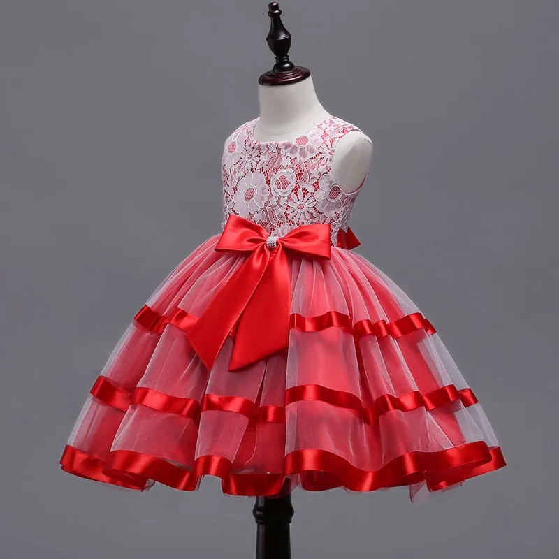 Red Ribbon & Lace Dress, Size 3-12 Yrs