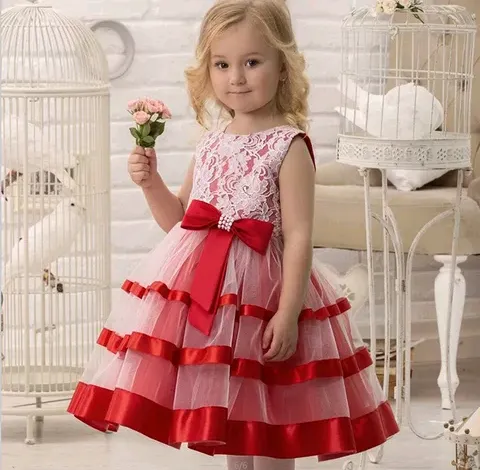 Red Ribbon & Lace Dress, Size 3-12 Yrs