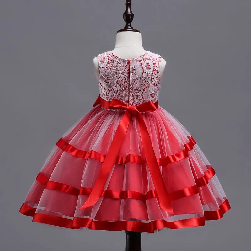 Red Ribbon & Lace Dress, Size 3-12 Yrs