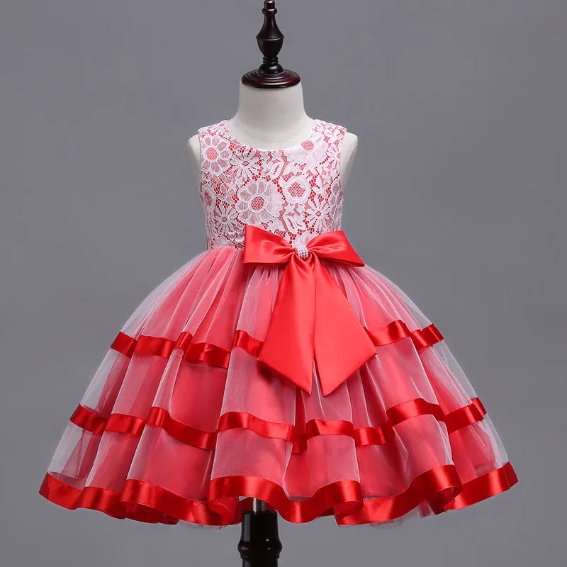 Red Ribbon & Lace Dress, Size 3-12 Yrs