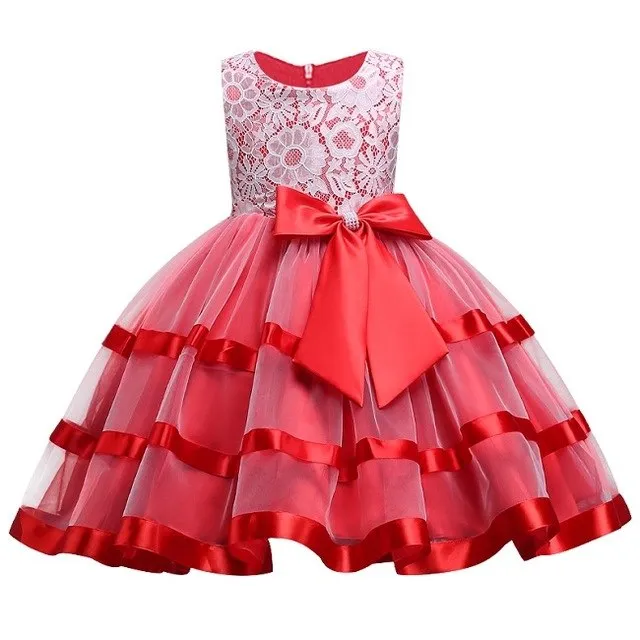 Red Ribbon & Lace Dress, Size 3-12 Yrs