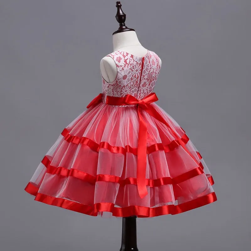 Red Ribbon & Lace Dress, Size 3-12 Yrs