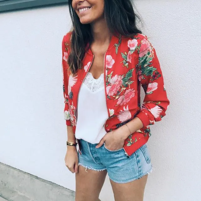 Retro Floral Printed Long Sleeve Zipper Bomber Jackets