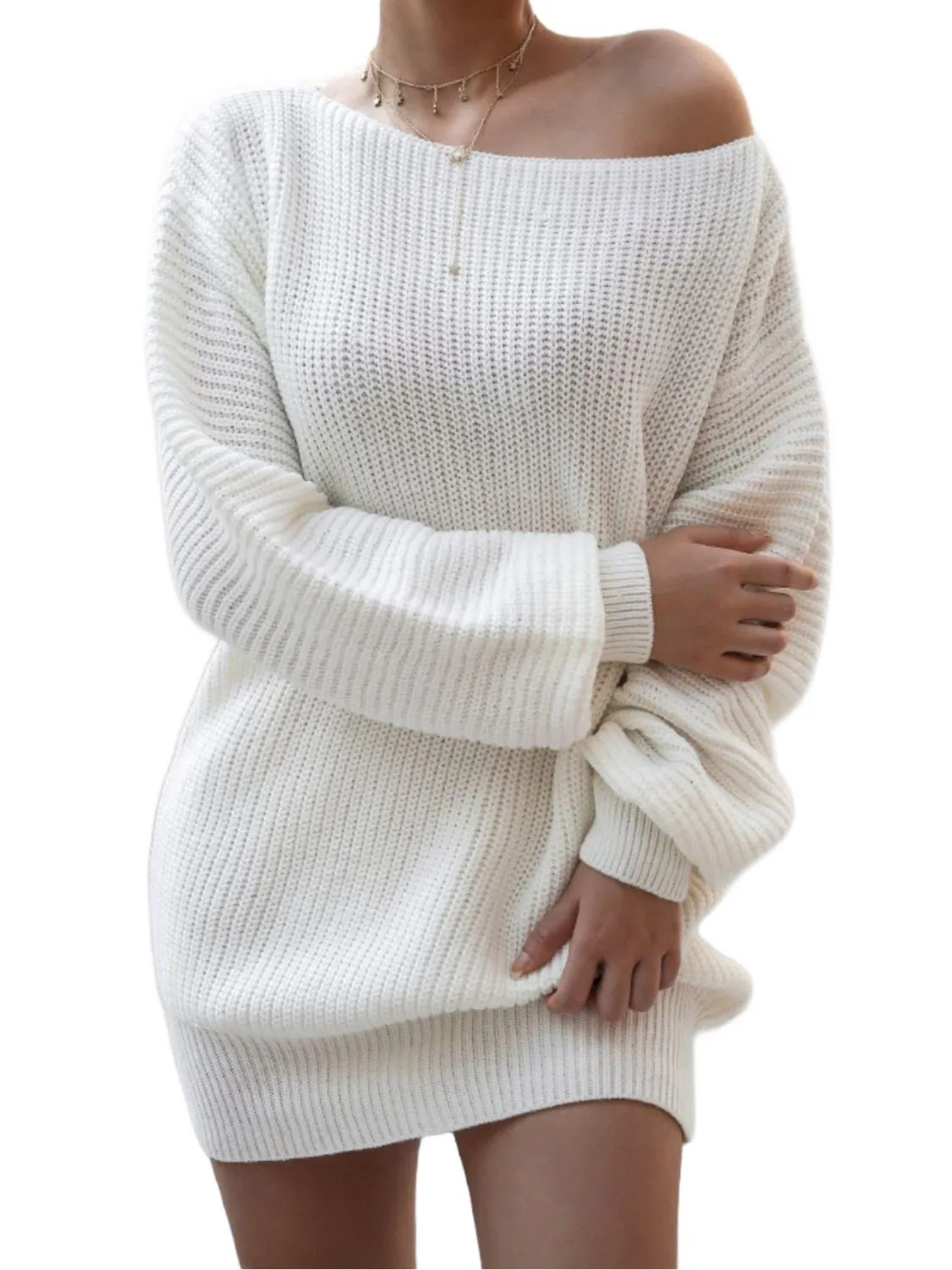 Rib-Knit Balloon Sleeve Boat Neck Sweater Dress