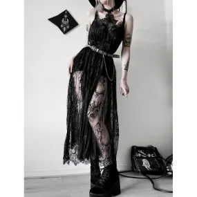 Romatic Gothic Black Lace Dress, Sexy See Through Long Partywear For Women