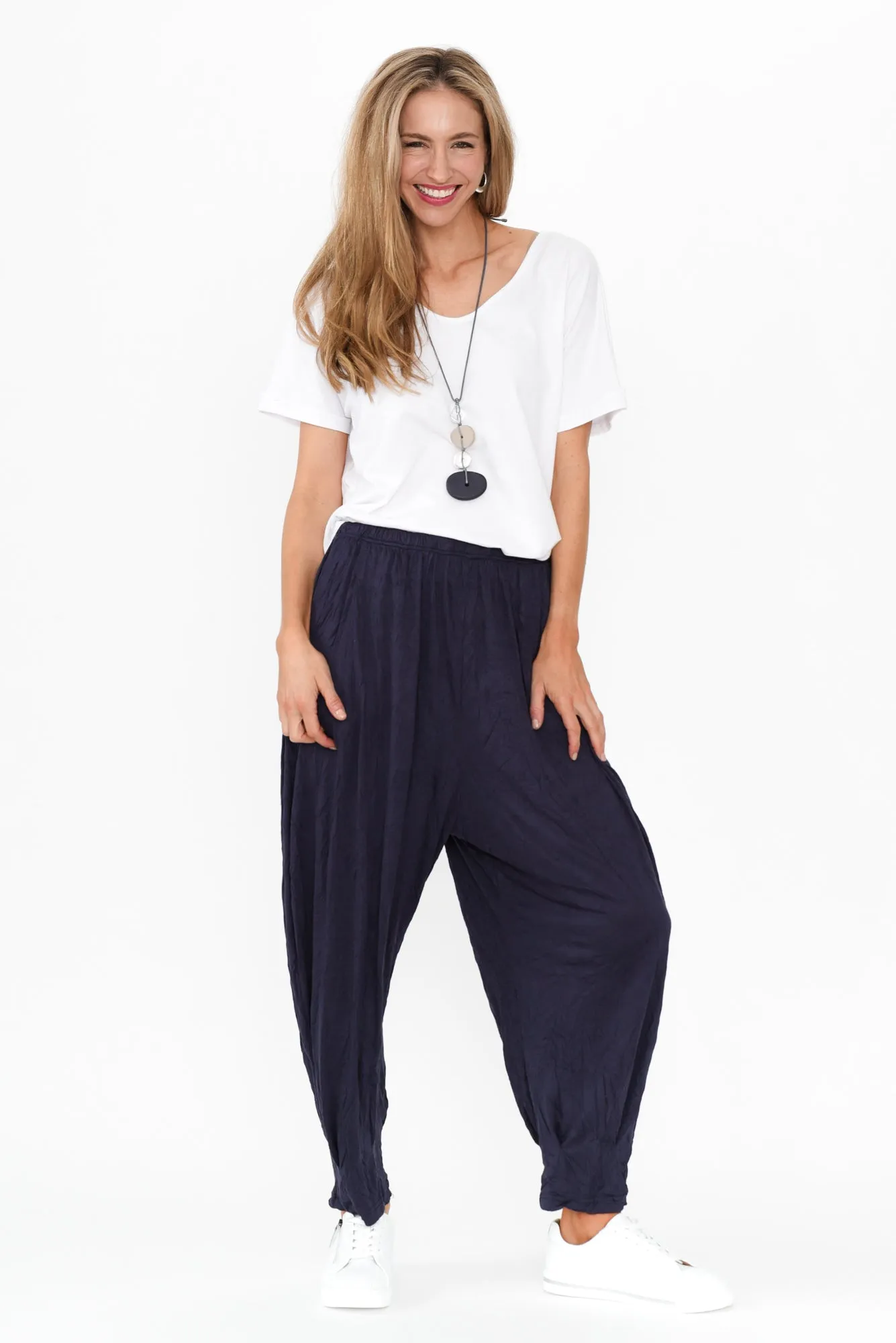 Rylee Dark Navy Crinkle Cotton Pants