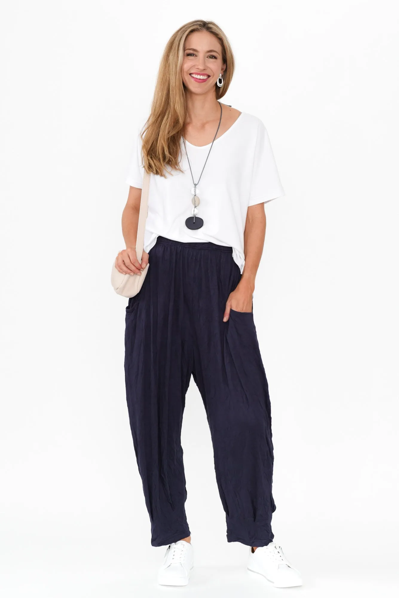 Rylee Dark Navy Crinkle Cotton Pants