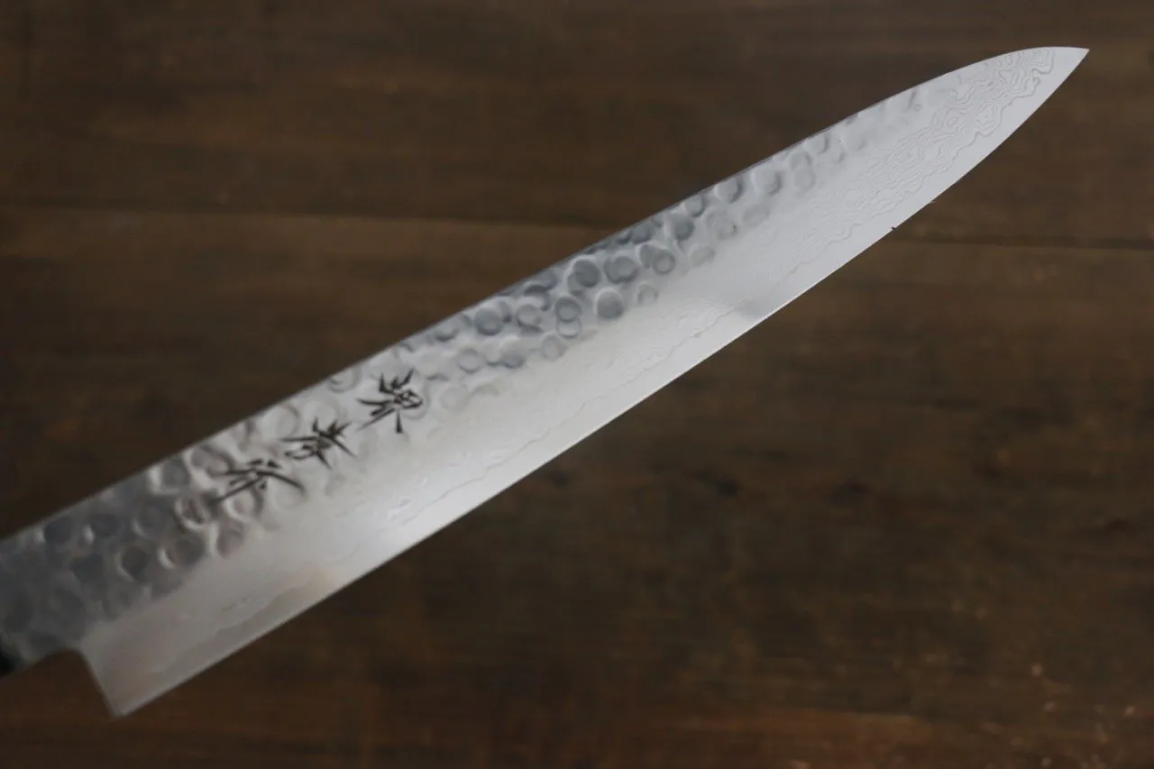 Sakai Takayuki AUS-10 45 Layer Damascus Hammered Sujihiki Japanese Chef Knife 240mm Silver Dots Lacquered Handle With Saya