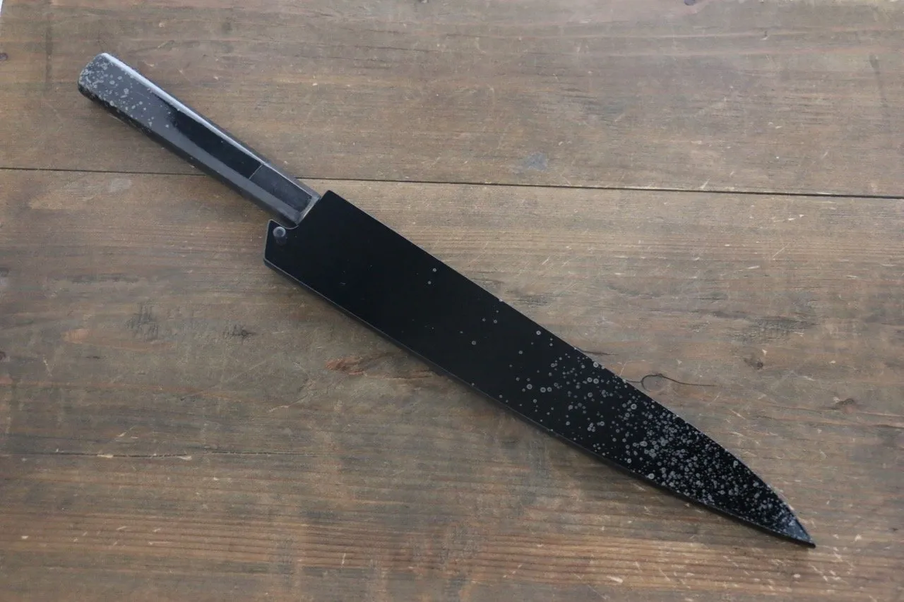 Sakai Takayuki AUS-10 45 Layer Damascus Hammered Sujihiki Japanese Chef Knife 240mm Silver Dots Lacquered Handle With Saya