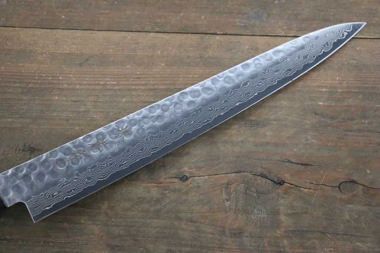 Sakai Takayuki AUS-10 45 Layer Damascus Hammered Sujihiki Japanese Chef Knife 240mm Silver Dots Lacquered Handle With Saya