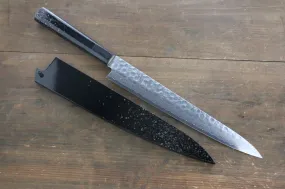 Sakai Takayuki AUS-10 45 Layer Damascus Hammered Sujihiki Japanese Chef Knife 240mm Silver Dots Lacquered Handle With Saya