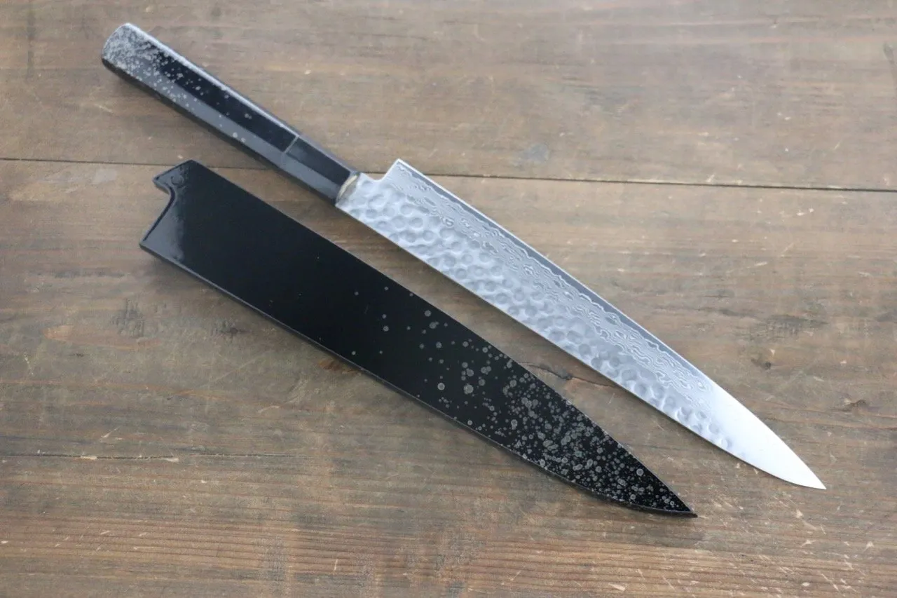 Sakai Takayuki AUS-10 45 Layer Damascus Hammered Sujihiki Japanese Chef Knife 240mm Silver Dots Lacquered Handle With Saya