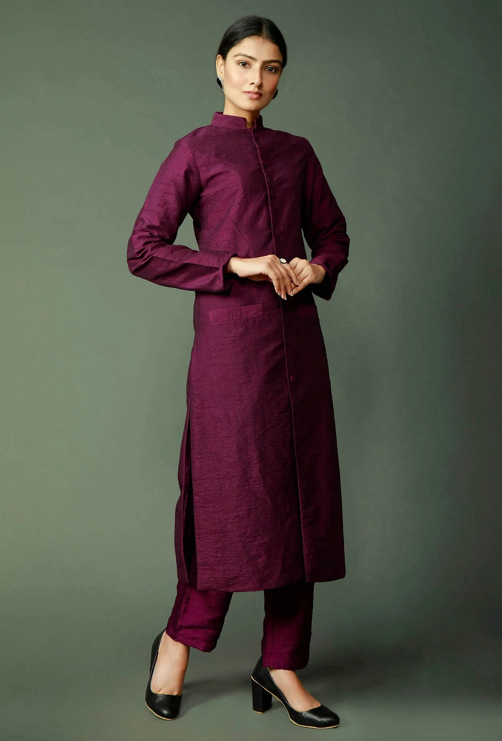 Set Of 2: Wine Raw Silk Achkan And Pants