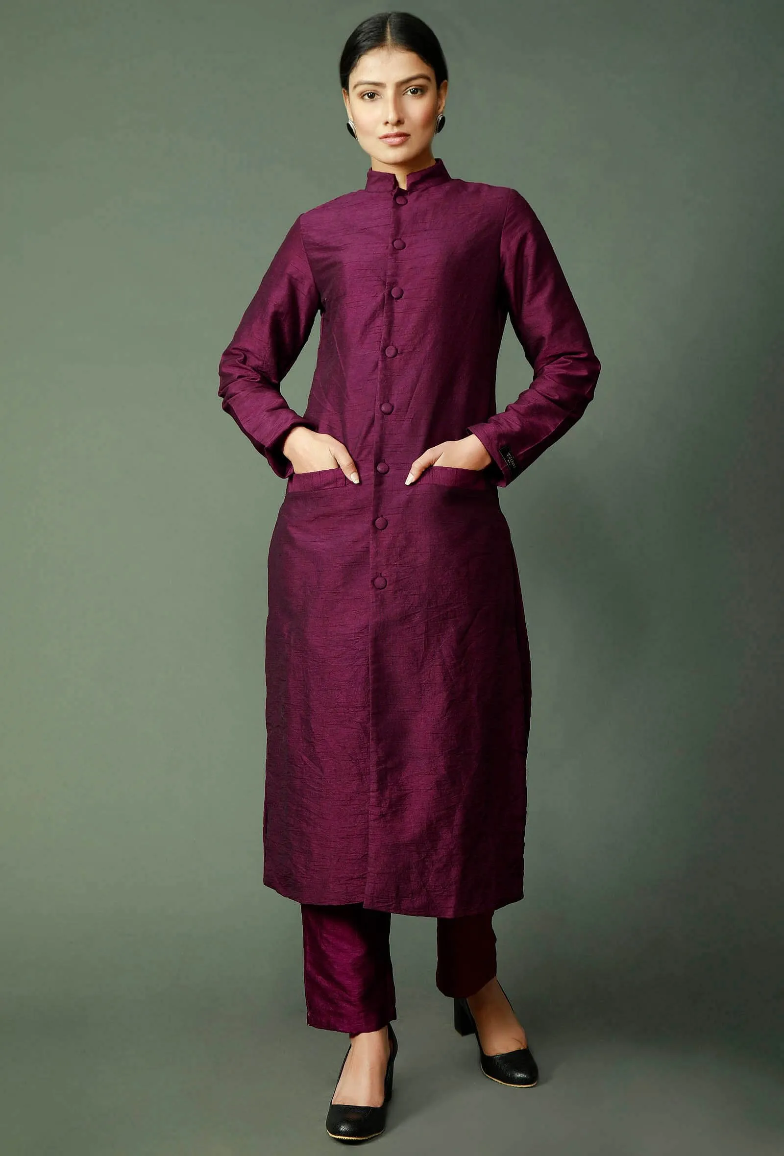 Set Of 2: Wine Raw Silk Achkan And Pants