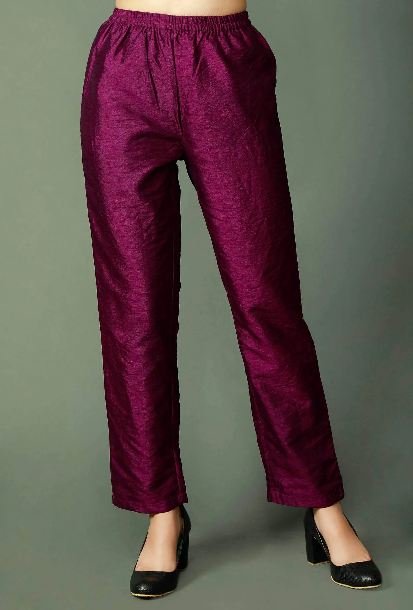 Set Of 2: Wine Raw Silk Achkan And Pants