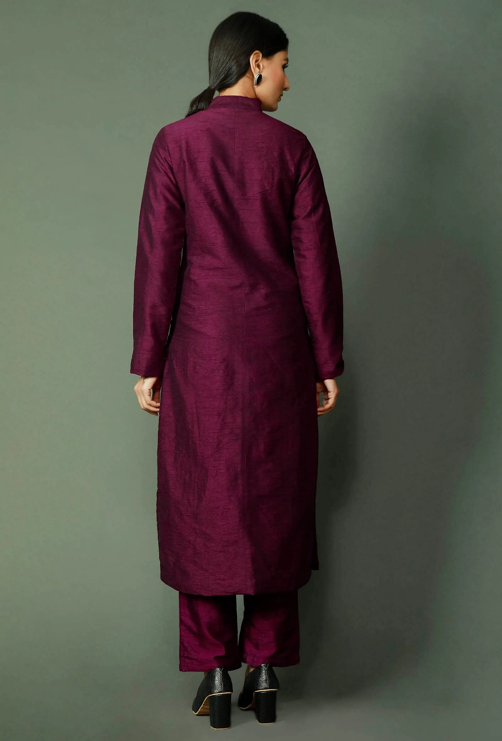 Set Of 2: Wine Raw Silk Achkan And Pants