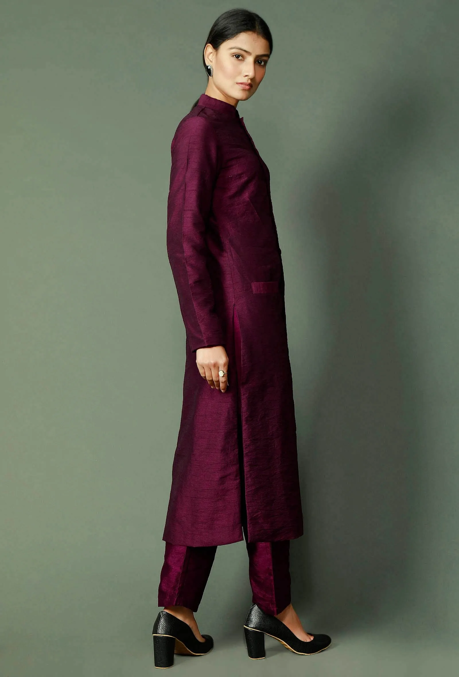 Set Of 2: Wine Raw Silk Achkan And Pants