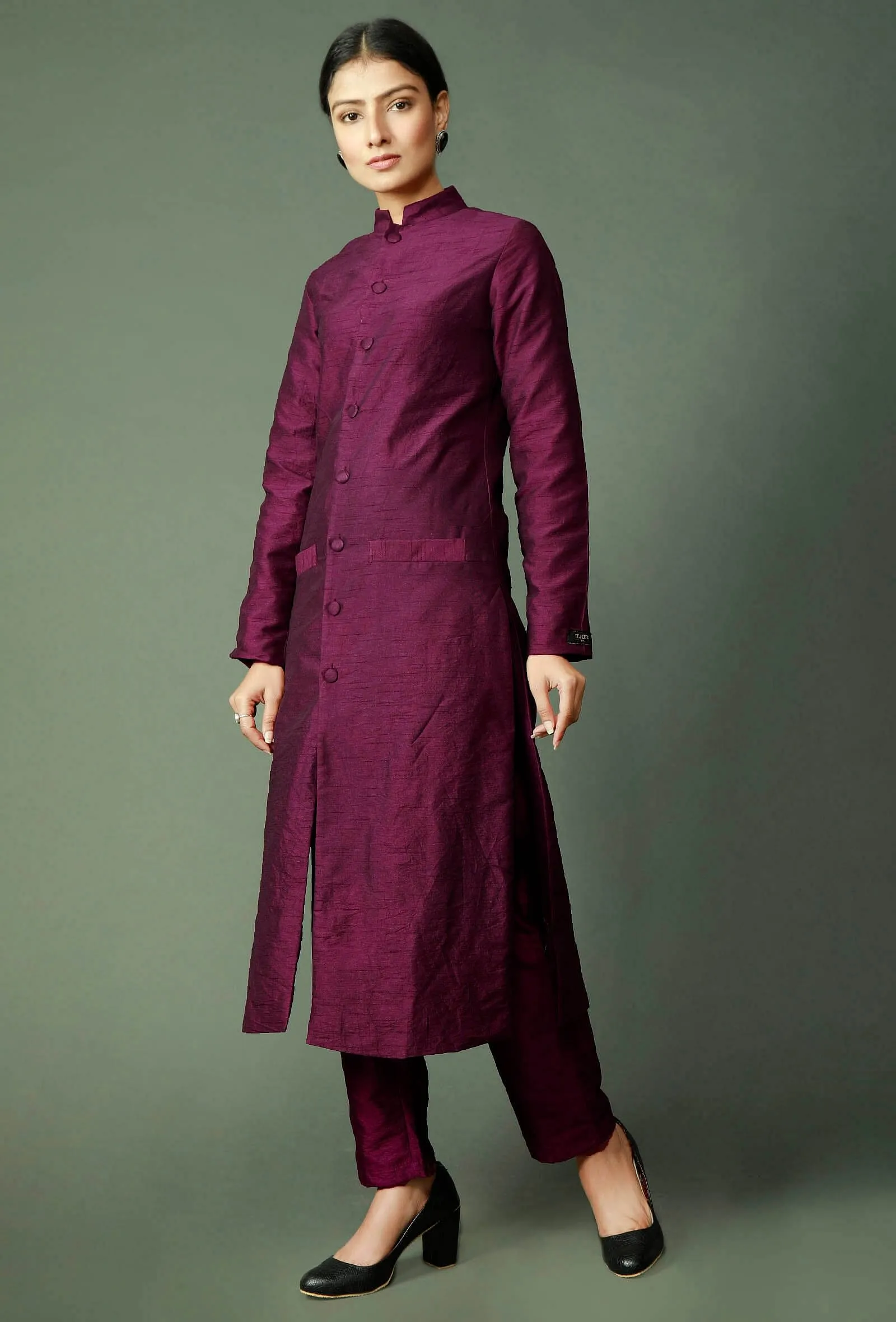 Set Of 2: Wine Raw Silk Achkan And Pants