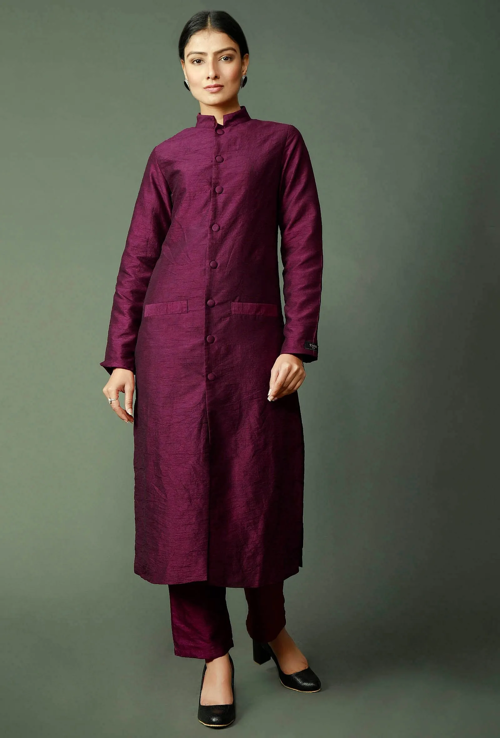 Set Of 2: Wine Raw Silk Achkan And Pants