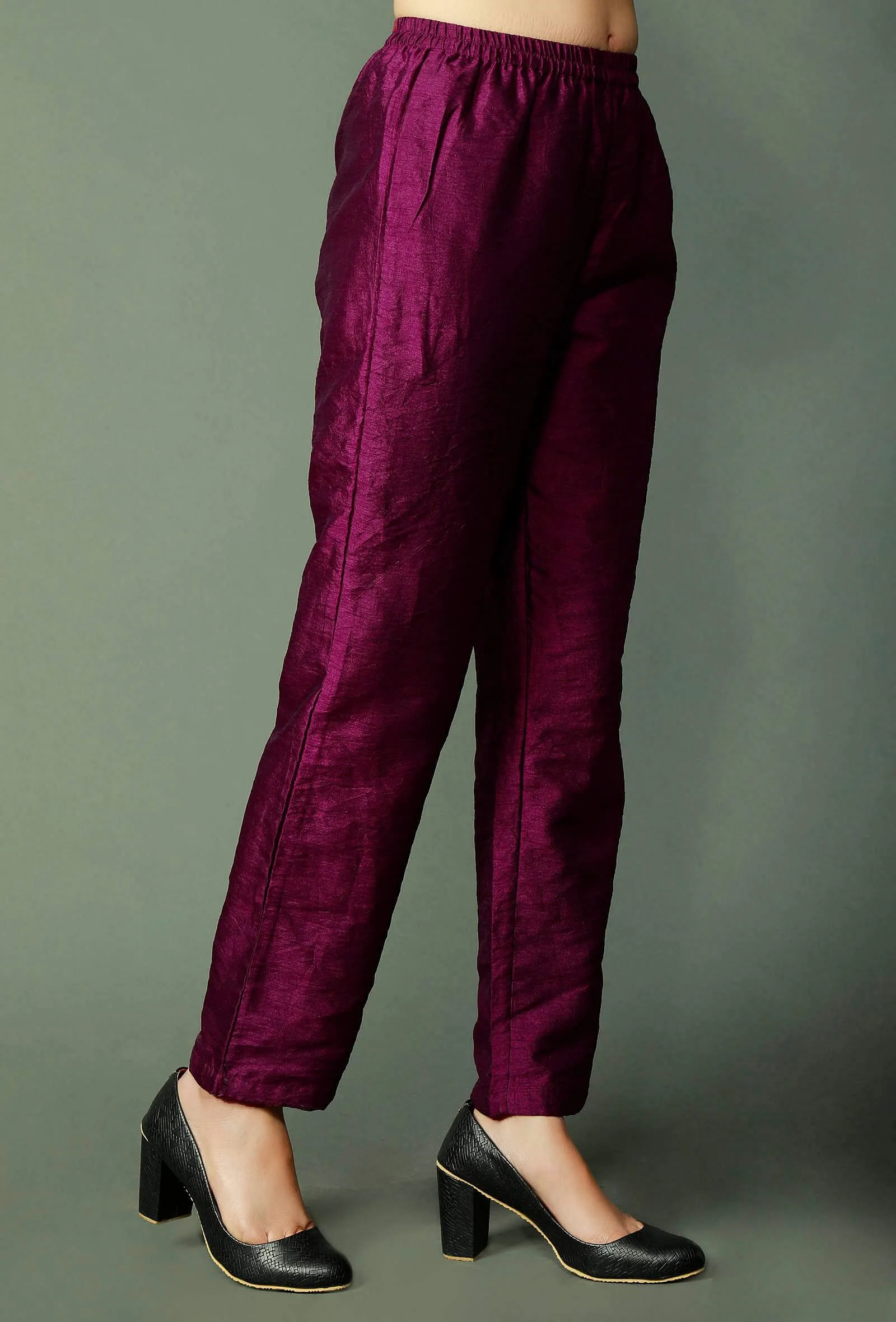 Set Of 2: Wine Raw Silk Achkan And Pants