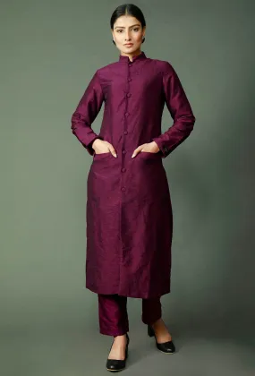 Set Of 2: Wine Raw Silk Achkan And Pants