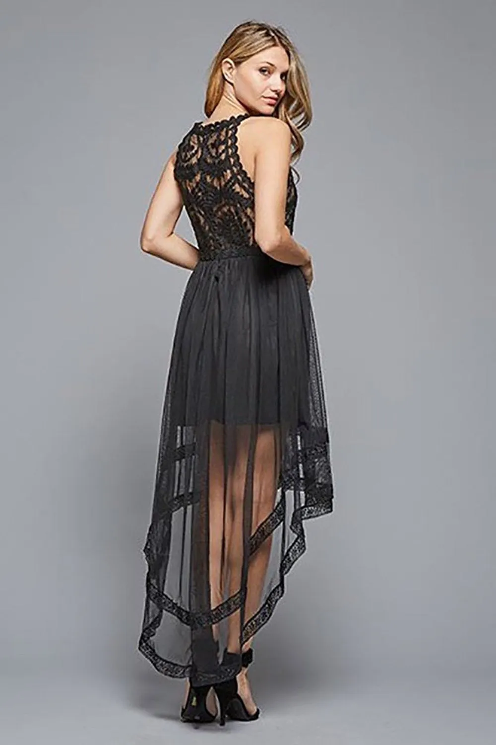 Sheer Lace Black Hi-Lo Cocktail Dress with Crew Neck