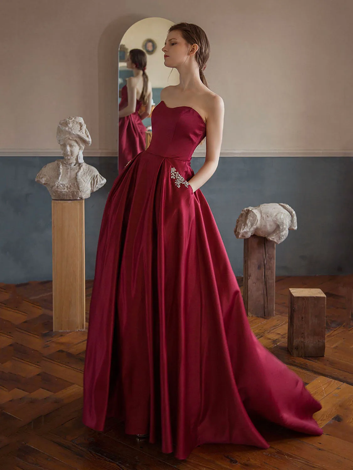 Simple Burgundy Satin Long Prom Dress, Burgundy Formal Graduation Dresses