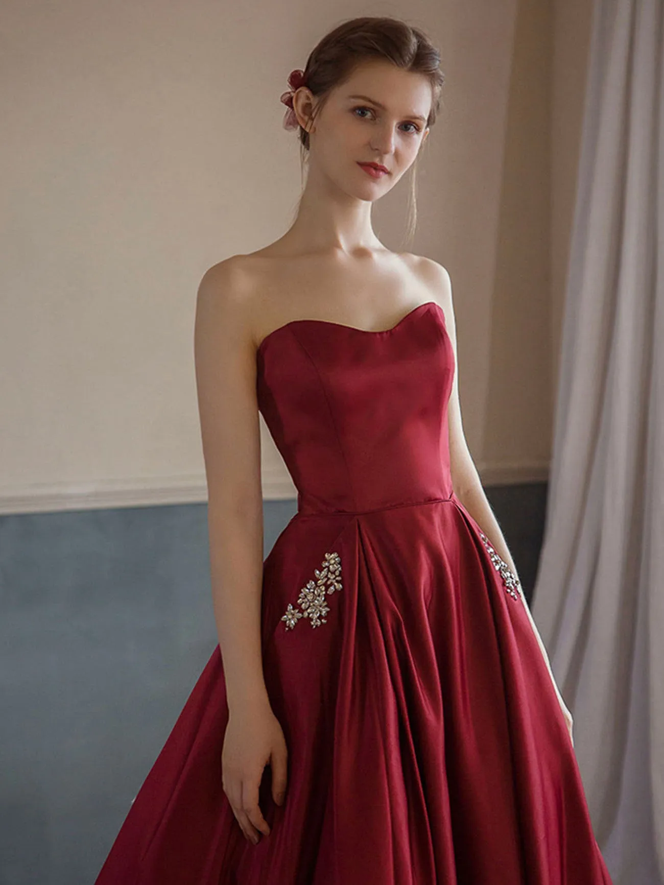 Simple Burgundy Satin Long Prom Dress, Burgundy Formal Graduation Dresses