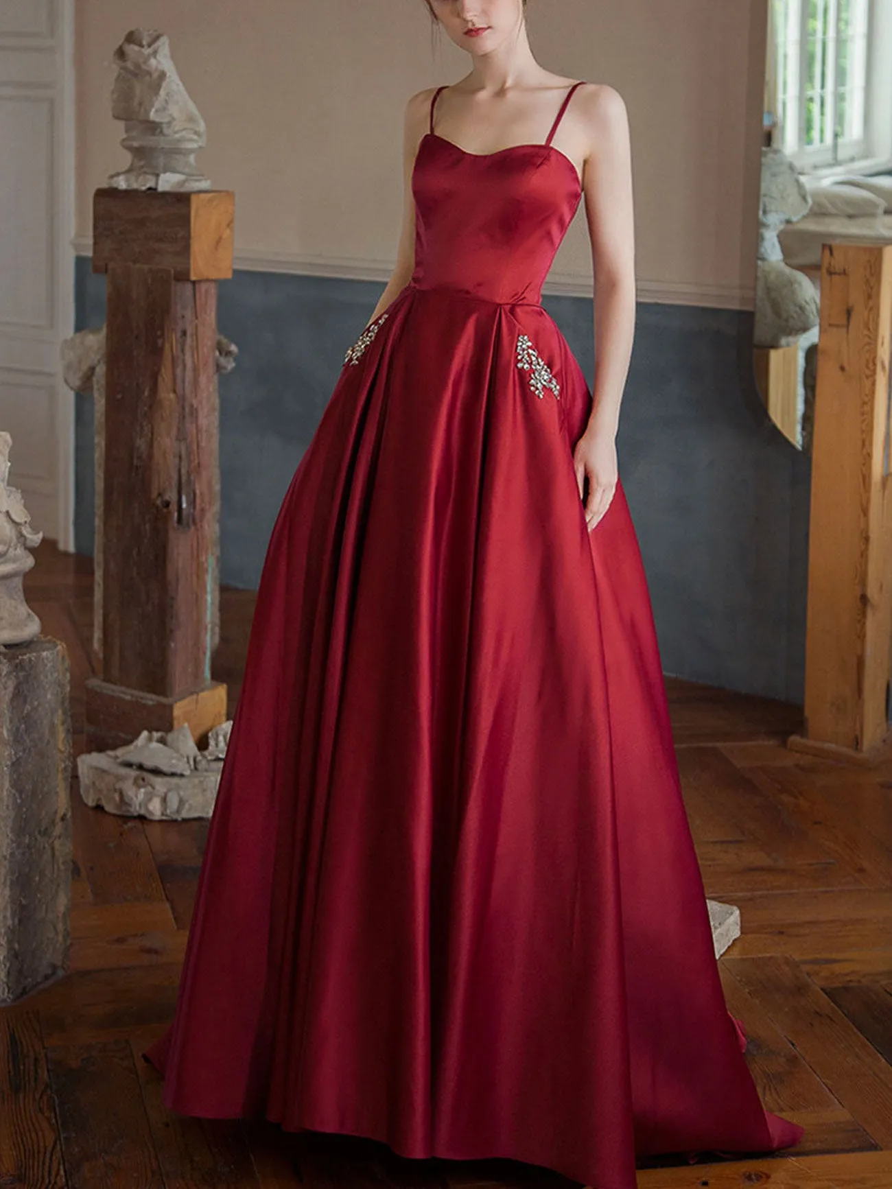 Simple Burgundy Satin Long Prom Dress, Burgundy Formal Graduation Dresses