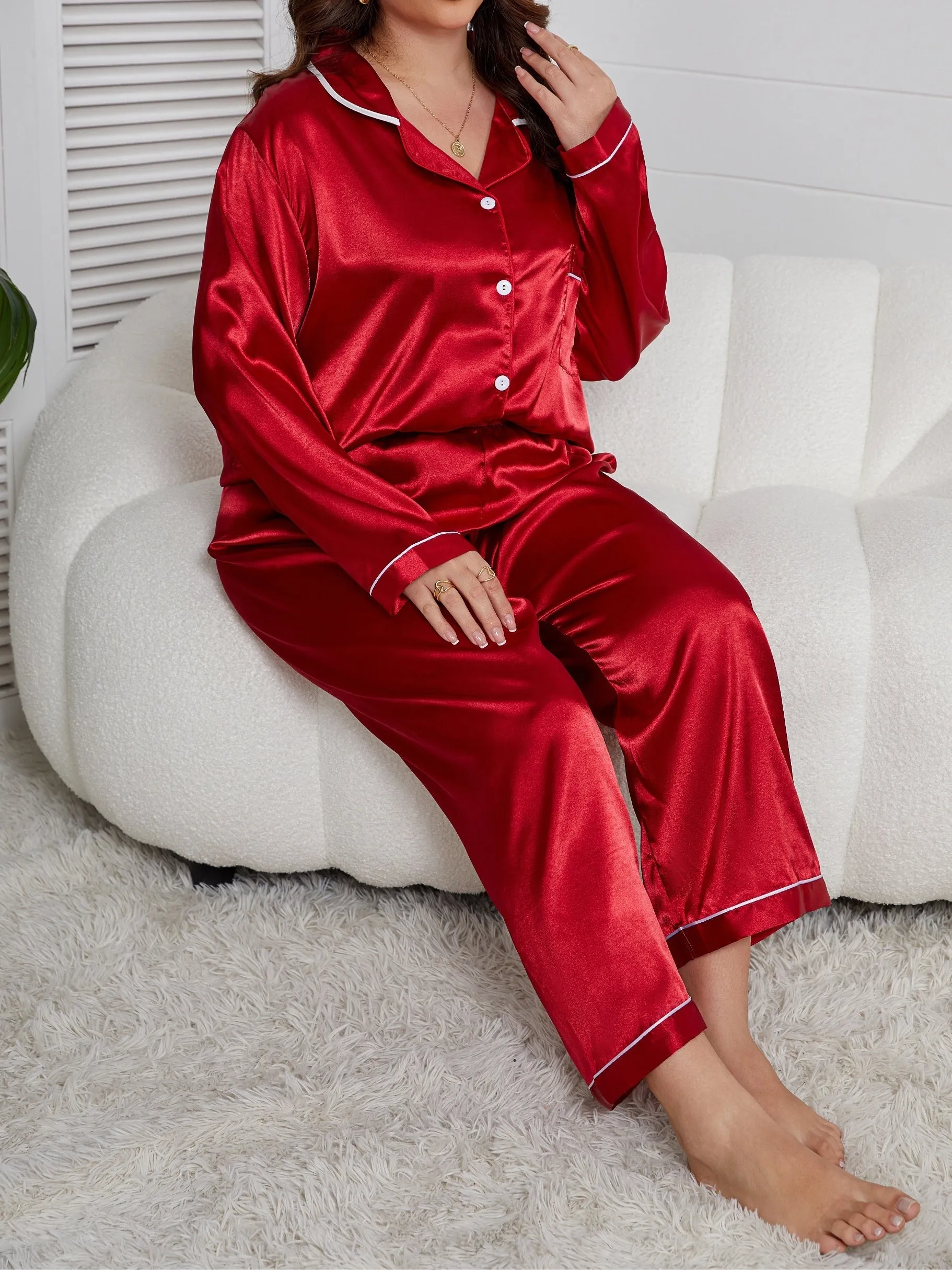 Sophisticated Serenity Plus Size Satin Lounge Set for Women