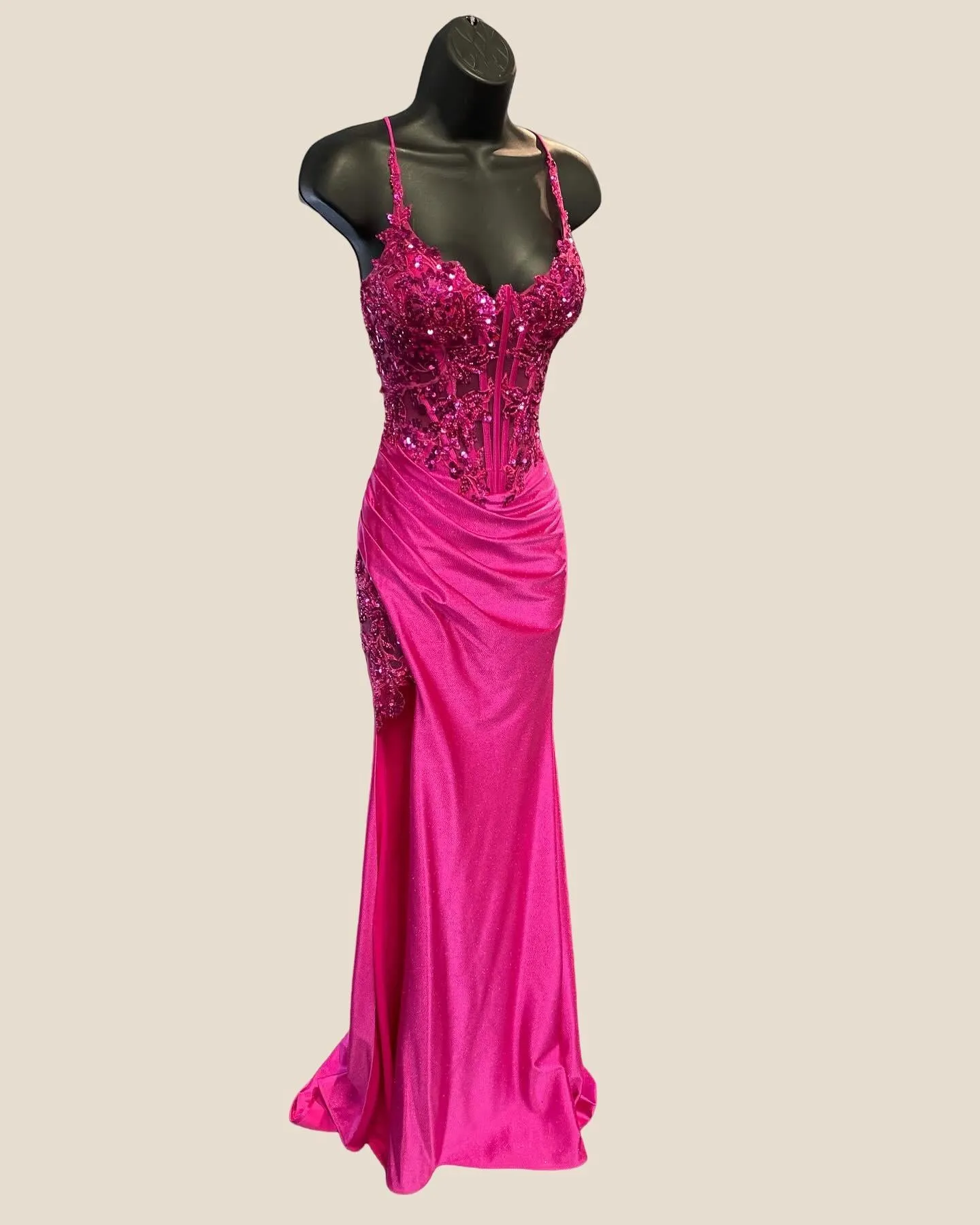 Straps Hot Pink Sequin Appliques Mermaid Long Dress