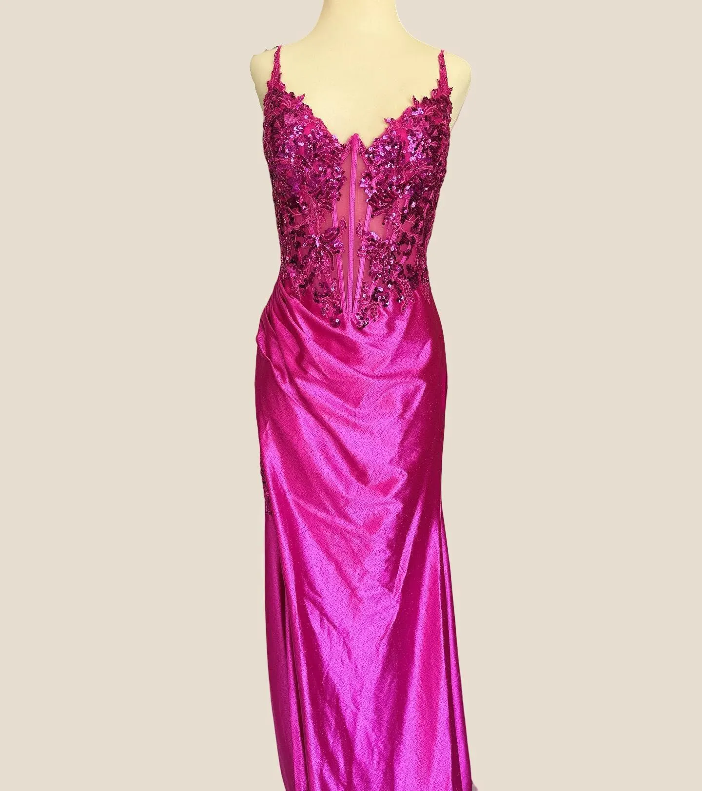 Straps Hot Pink Sequin Appliques Mermaid Long Dress