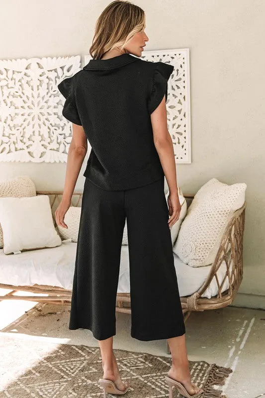 TEEK - Black Ruffled Cap Sleeve Top Wide Leg Pants Set