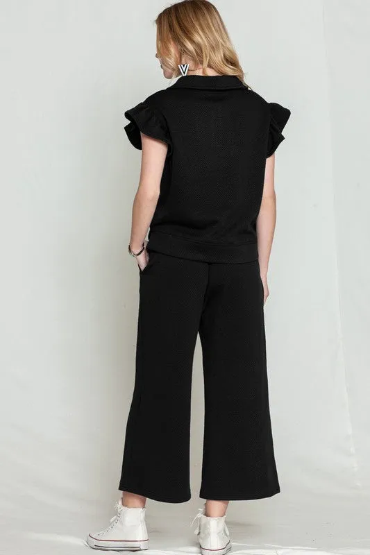 TEEK - Black Ruffled Cap Sleeve Top Wide Leg Pants Set