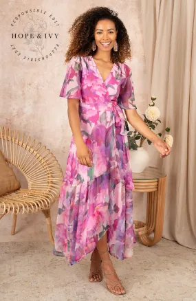 THE TESSA FLUTTER SLEEVE MAXI WRAP DRESS (PINK/PURPLE)