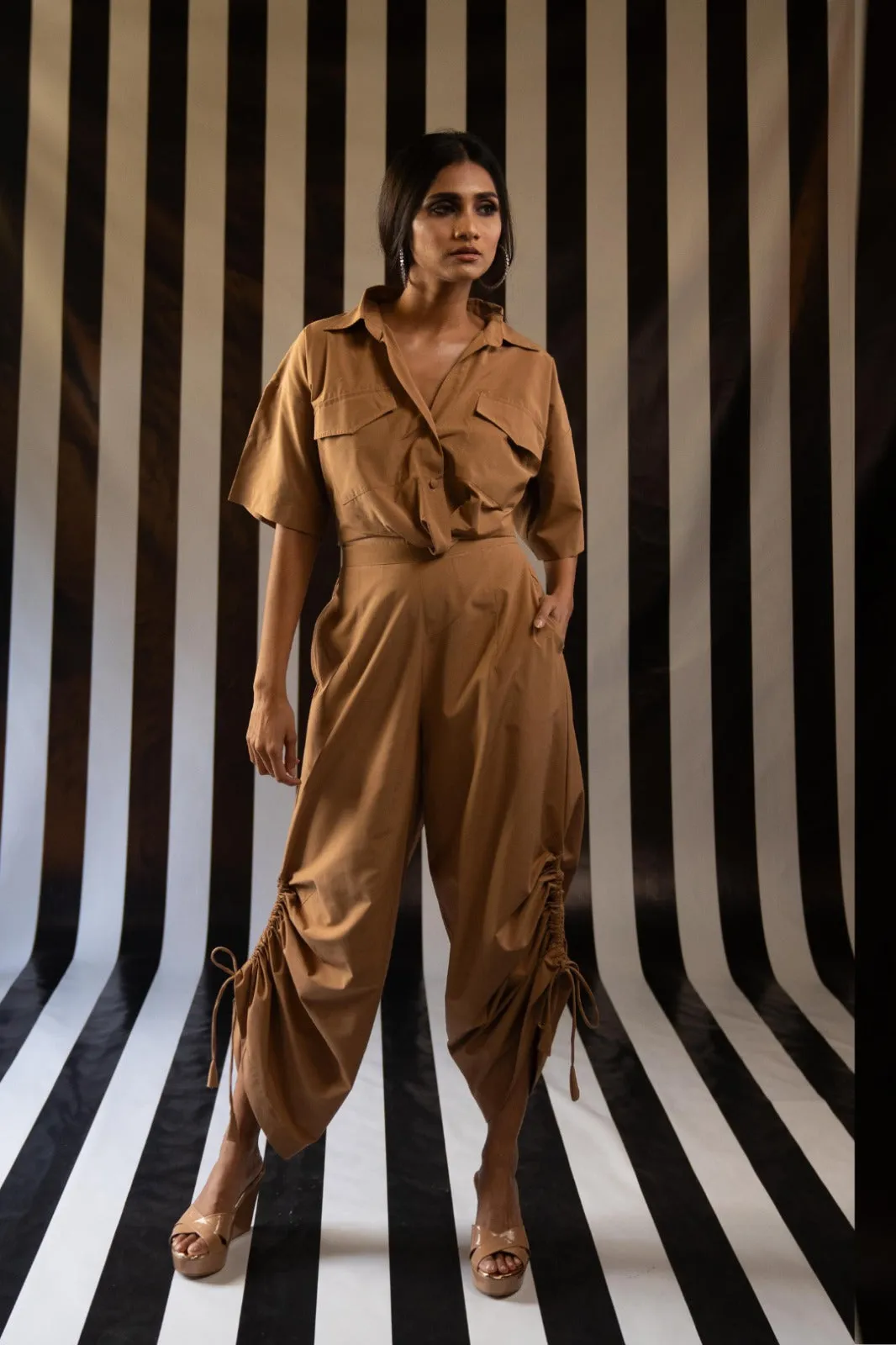 Twist Shirt   Ruched Pant in Tan Cotton - A Versatile Wardrobe Essential