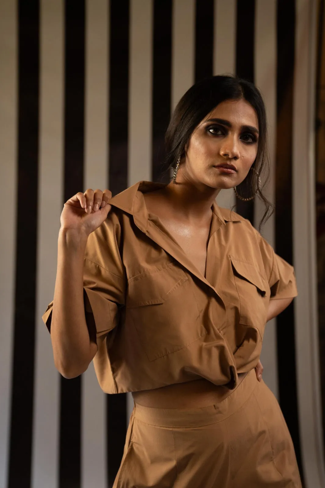 Twist Shirt   Ruched Pant in Tan Cotton - A Versatile Wardrobe Essential