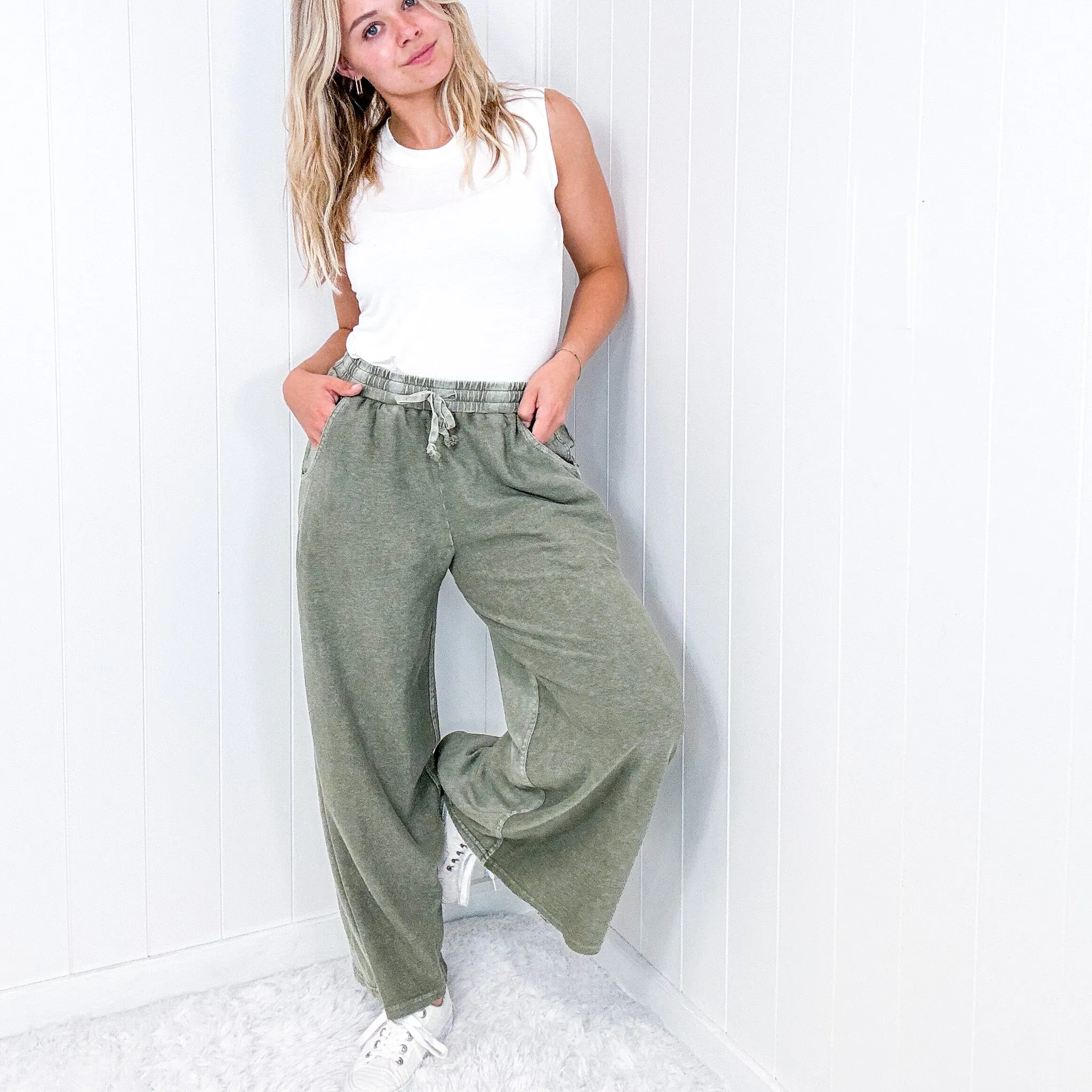 Upside Down Mineral Washed and Terry Pull On Palazzo Pants in 2 Colors