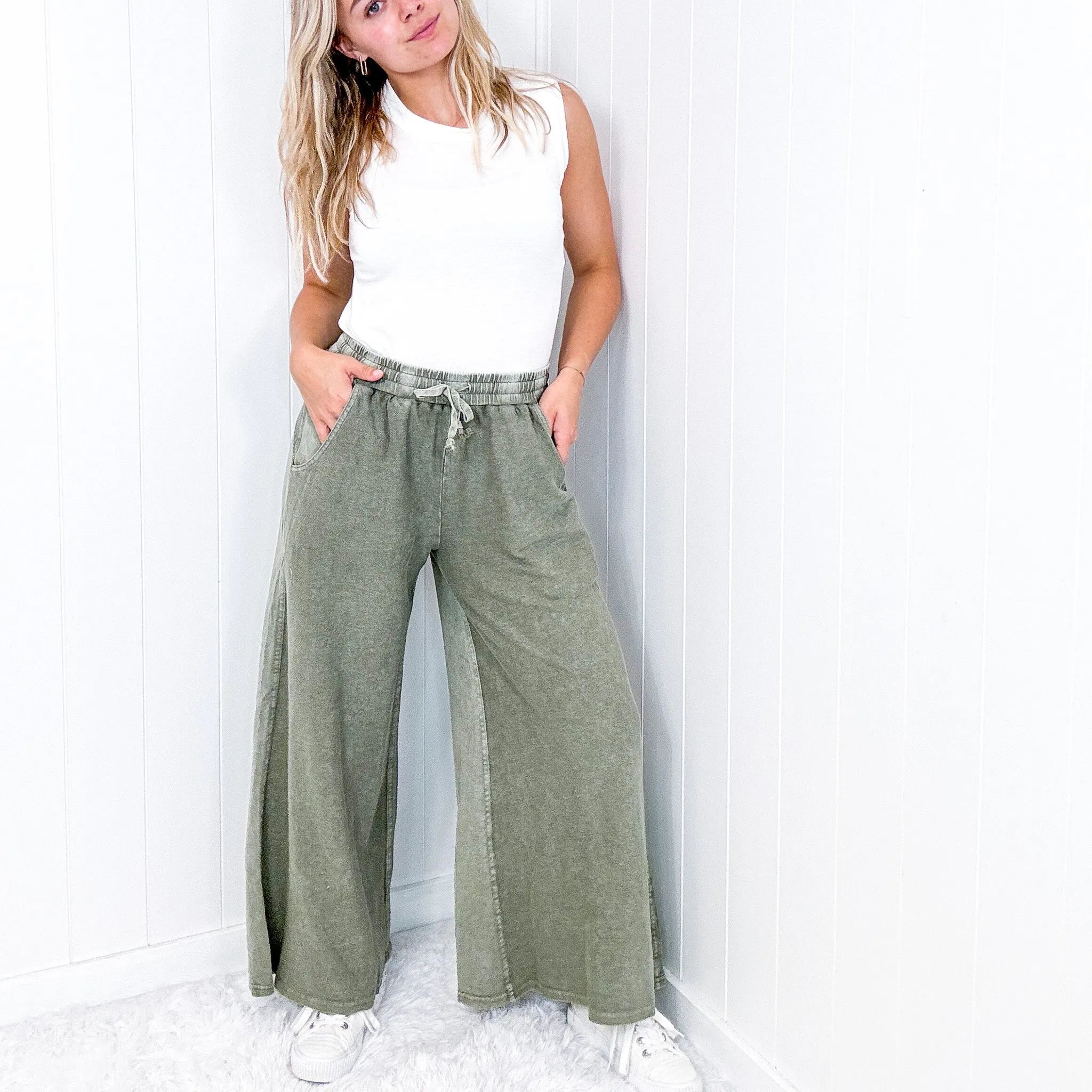 Upside Down Mineral Washed and Terry Pull On Palazzo Pants in 2 Colors