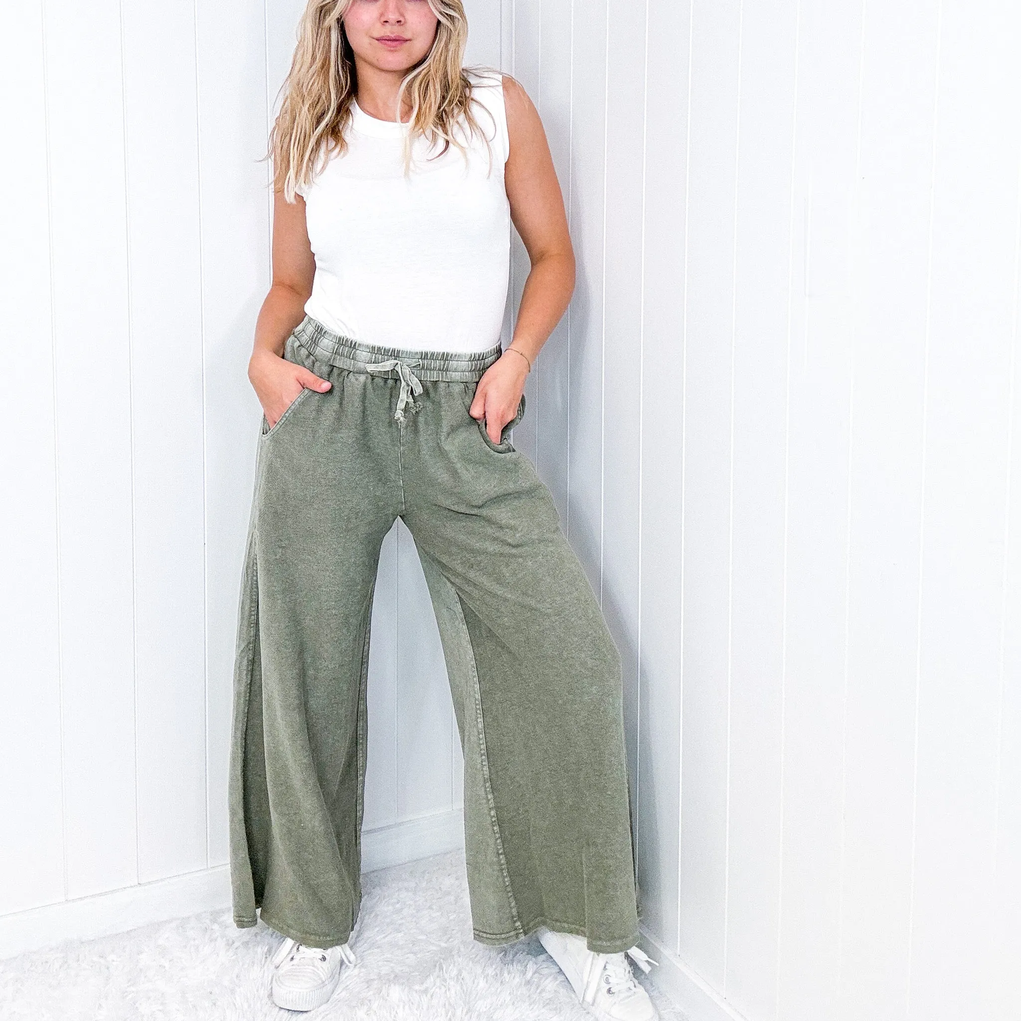 Upside Down Mineral Washed and Terry Pull On Palazzo Pants in 2 Colors