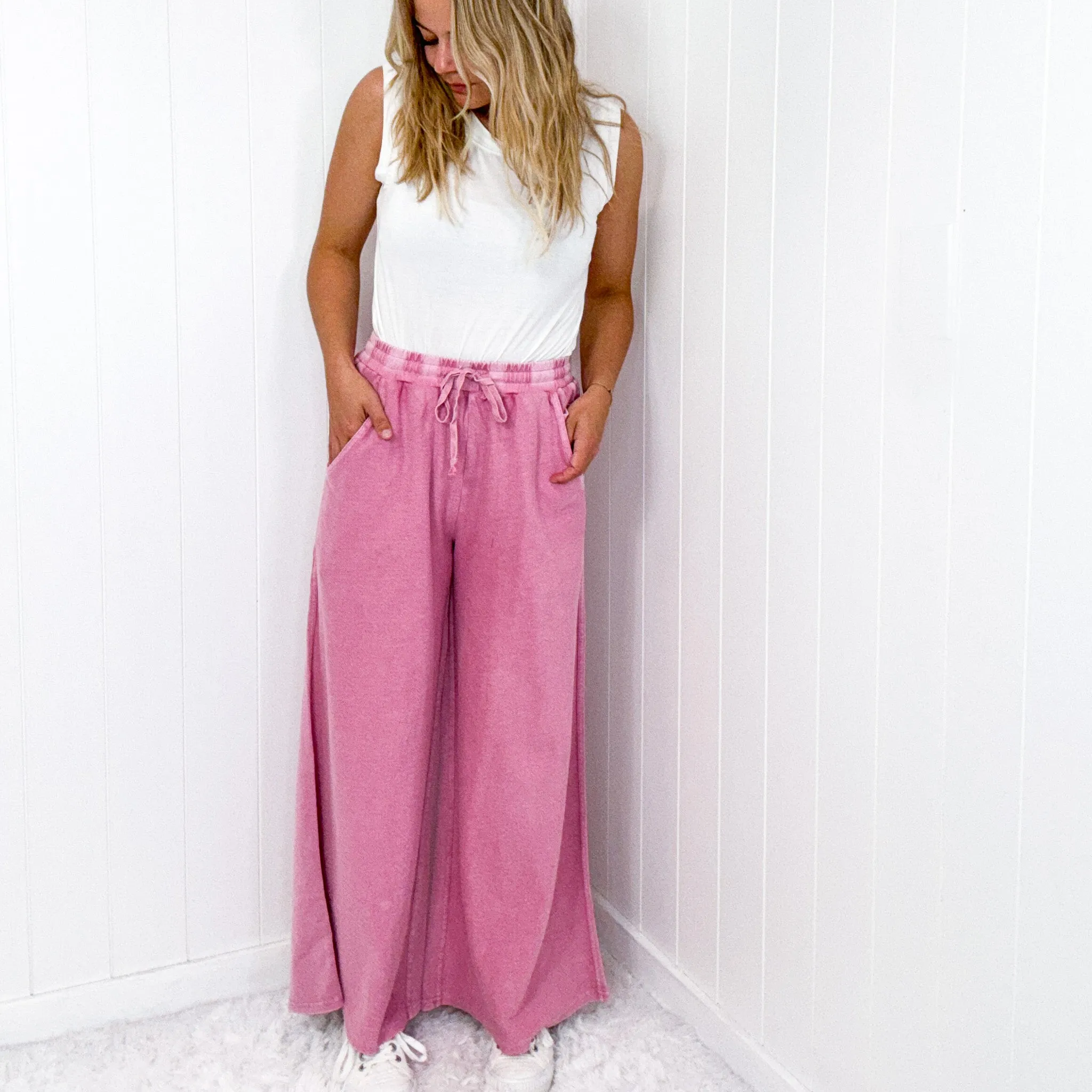 Upside Down Mineral Washed and Terry Pull On Palazzo Pants in 2 Colors