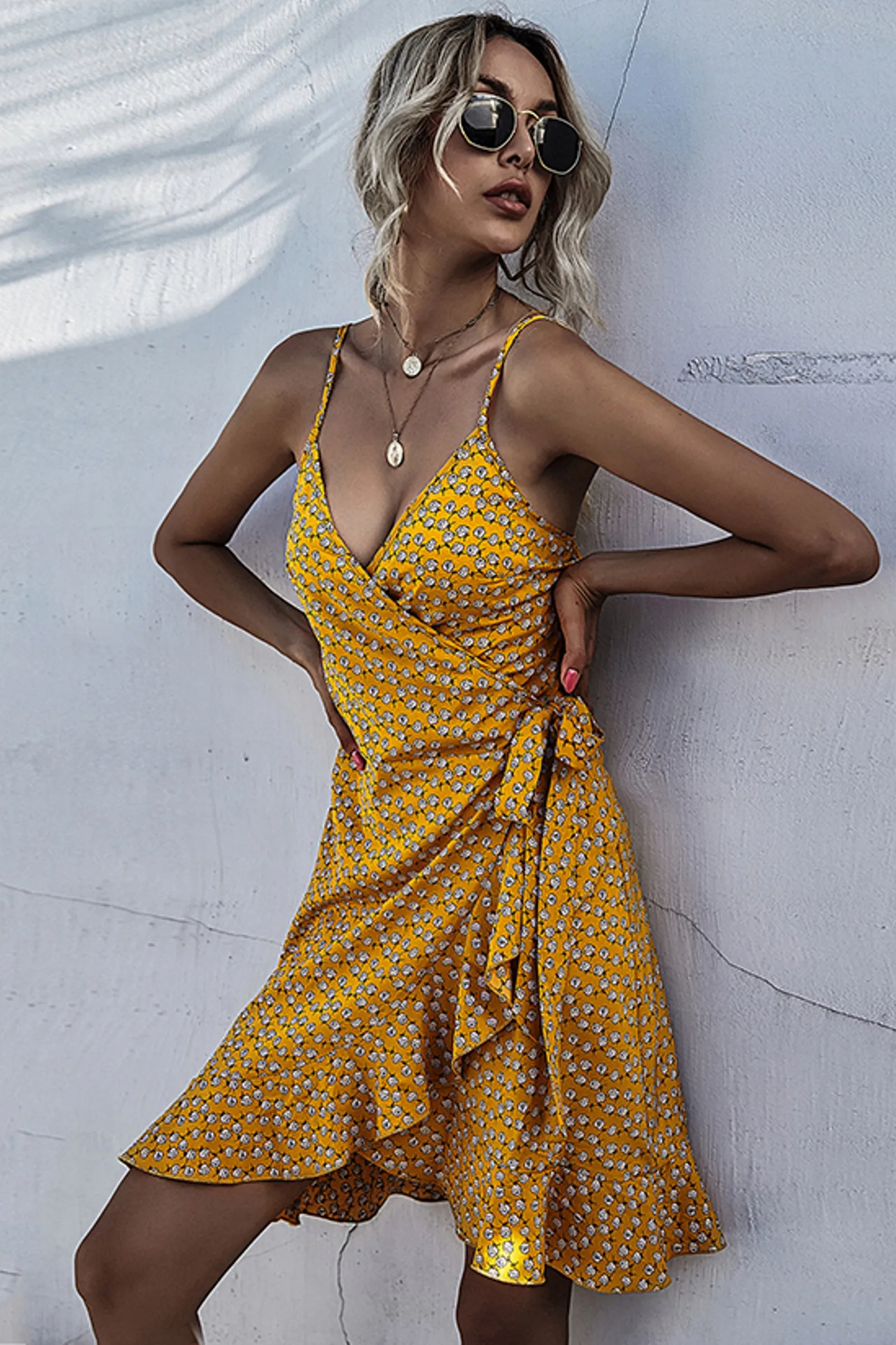 V-Neck mini wrap dress- Yellow