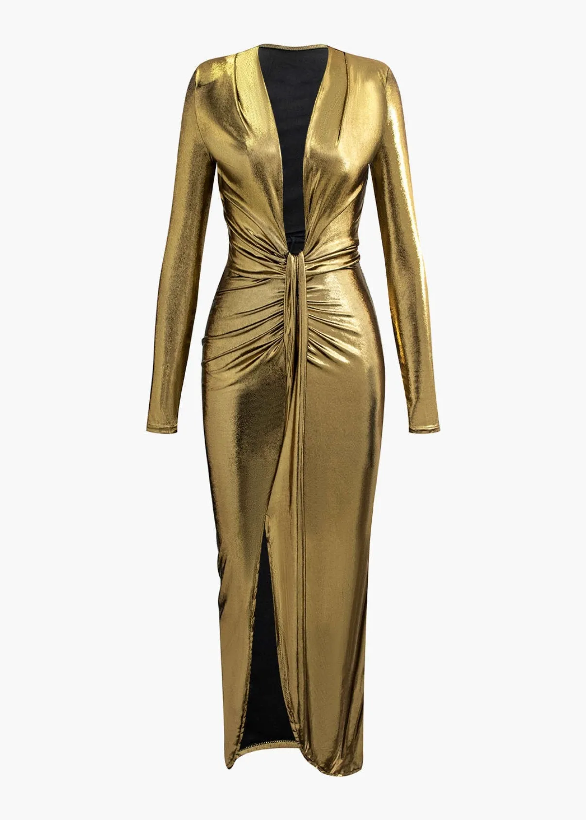 V-Neck Ruched Slit Wrap Metallic Dress