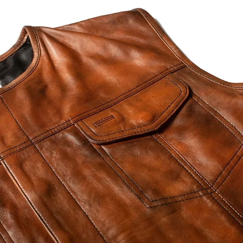 Vintage Brown Lambskin Leather Biker Vest for Men