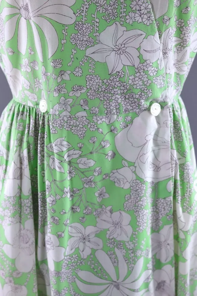 Vintage Green Floral Print Wrap Dress